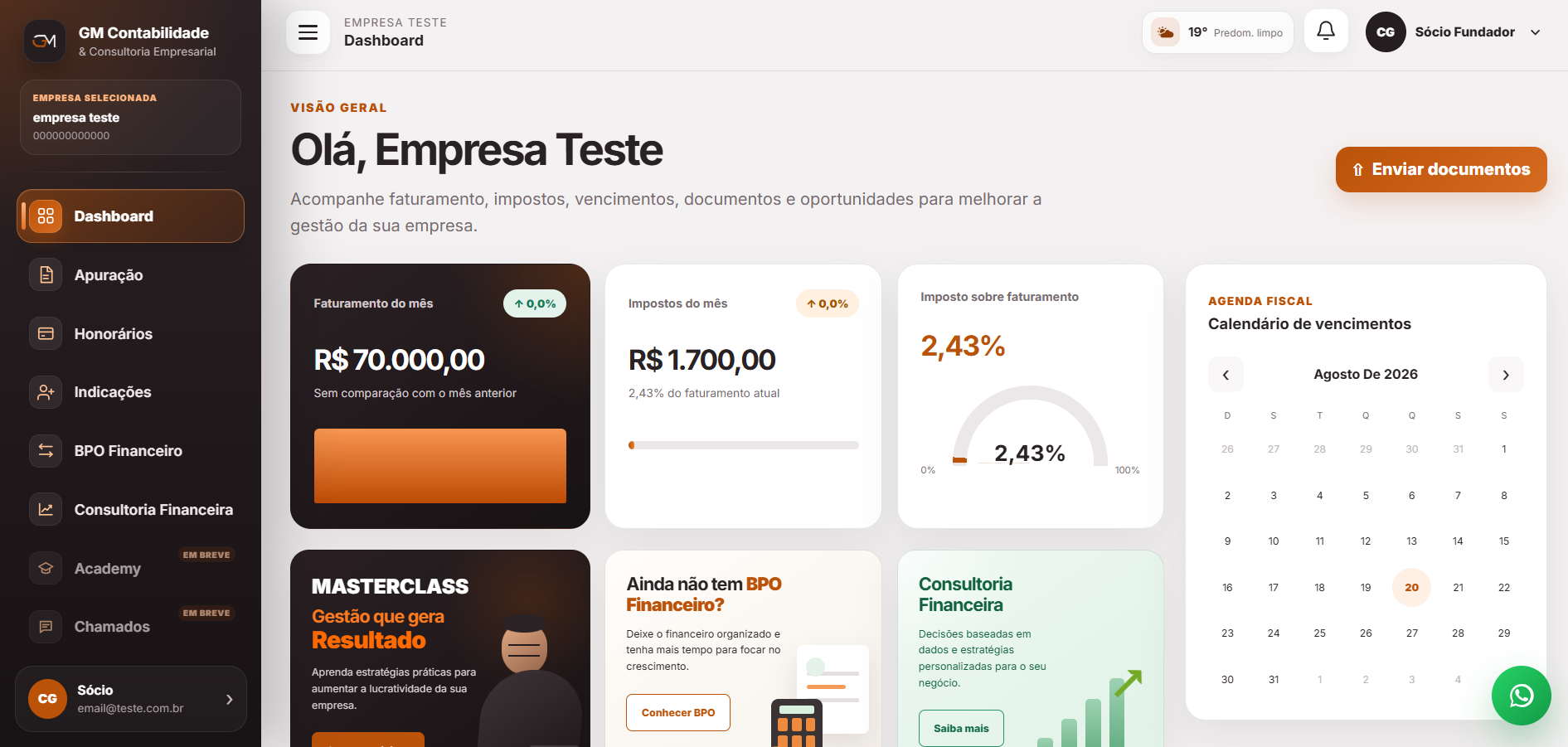 Tela real do Sistema GM com dashboard, indicadores financeiros, documentos e calendário fiscal