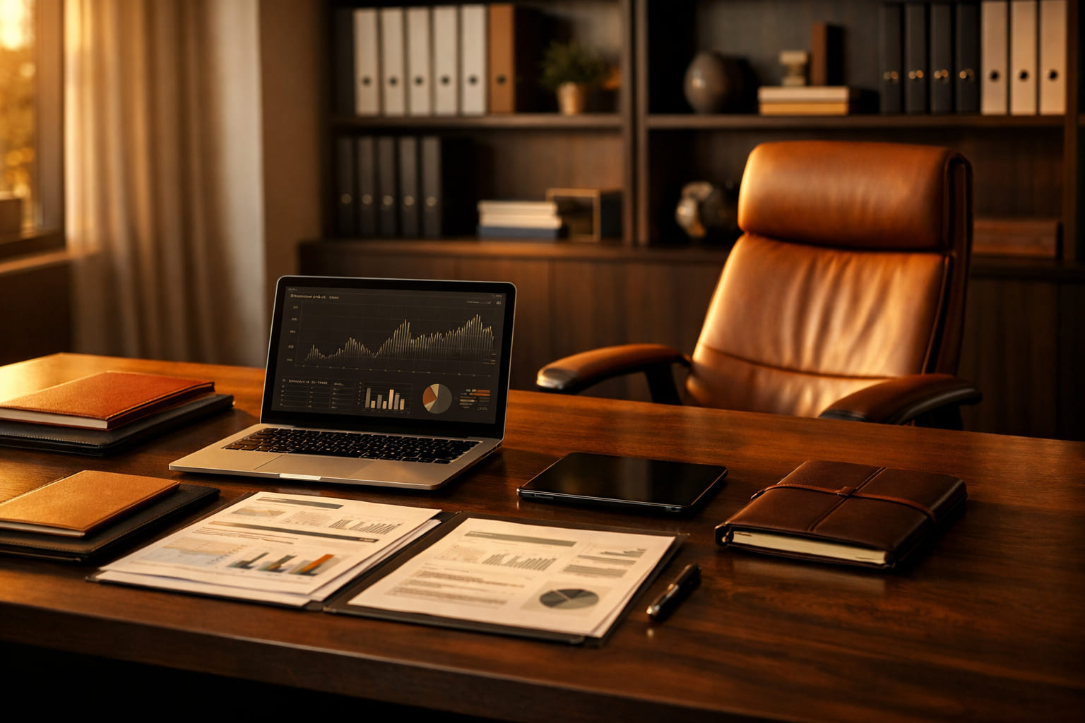 Escritório premium com notebook, documentos e ambiente de organização contábil